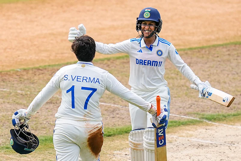 Shafali Verma being greeted by Jemimah Rodrigues after scoring a double century